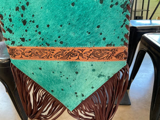 Western Table Runner – Turquoise Acid Wash Cowhide with Tooled Leather Accents - Cowboy SwaggerWestern Table Runner – Turquoise Acid Wash Cowhide with Tooled Leather Accents