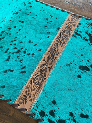 Western Table Runner – Turquoise Acid Wash Cowhide with Tooled Leather Accents - Cowboy SwaggerWestern Table Runner – Turquoise Acid Wash Cowhide with Tooled Leather Accents