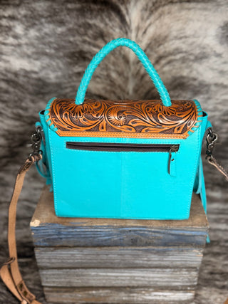 Western Tooled Leather and Turquoise Crossbody Handbag with Square Concho Detailing - Cowboy SwaggerWestern Tooled Leather and Turquoise Crossbody Handbag with Square Concho Detailing