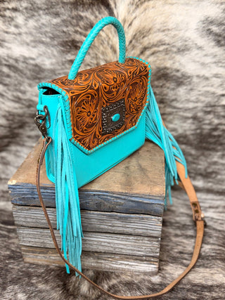 Western Tooled Leather and Turquoise Crossbody Handbag with Square Concho Detailing - Cowboy SwaggerWestern Tooled Leather and Turquoise Crossbody Handbag with Square Concho Detailing