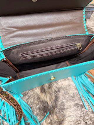 Western Tooled Leather and Turquoise Crossbody Handbag with Square Concho Detailing - Cowboy SwaggerWestern Tooled Leather and Turquoise Crossbody Handbag with Square Concho Detailing