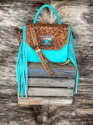 Western Tooled Leather and Turquoise Crossbody Handbag with Square Concho Detailing - Cowboy SwaggerWestern Tooled Leather and Turquoise Crossbody Handbag with Square Concho Detailing