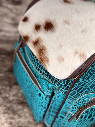 Western Turquoise Croc Embossed Backpack with Cowhide - Cowboy SwaggerWestern Turquoise Croc Embossed Backpack with Cowhide
