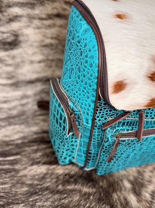 Western Turquoise Croc Embossed Backpack with Cowhide - Cowboy SwaggerWestern Turquoise Croc Embossed Backpack with Cowhide