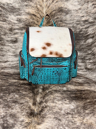 Western Turquoise Croc Embossed Backpack with Cowhide - Cowboy SwaggerWestern Turquoise Croc Embossed Backpack with Cowhide