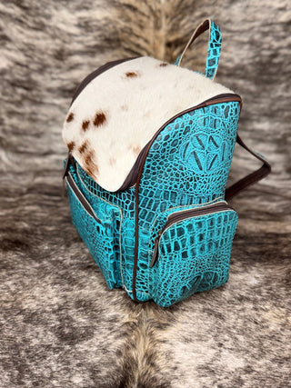 Western Turquoise Croc Embossed Backpack with Cowhide - Cowboy SwaggerWestern Turquoise Croc Embossed Backpack with Cowhide