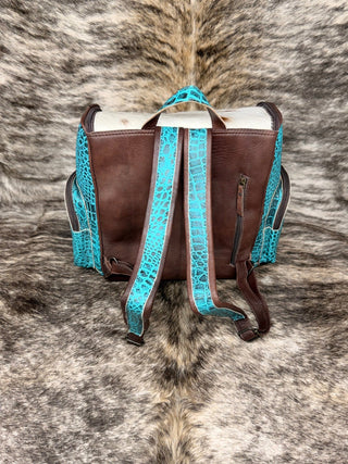 Western Turquoise Croc Embossed Backpack with Cowhide - Cowboy SwaggerWestern Turquoise Croc Embossed Backpack with Cowhide