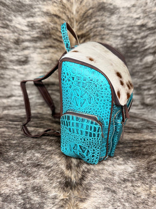 Western Turquoise Croc Embossed Backpack with Cowhide - Cowboy SwaggerWestern Turquoise Croc Embossed Backpack with Cowhide