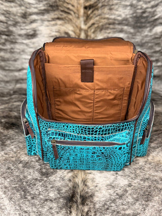 Western Turquoise Croc Embossed Backpack with Cowhide - Cowboy SwaggerWestern Turquoise Croc Embossed Backpack with Cowhide