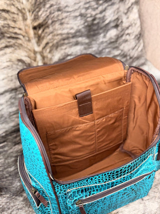 Western Turquoise Croc Embossed Backpack with Cowhide - Cowboy SwaggerWestern Turquoise Croc Embossed Backpack with Cowhide