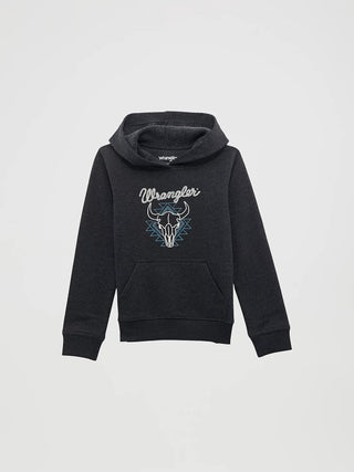 Wrangler Boys Bull Skull Logo Hoodie – Heathered Black Western Pullover - Cowboy SwaggerWrangler Boys Bull Skull Logo Hoodie – Heathered Black Western Pullover