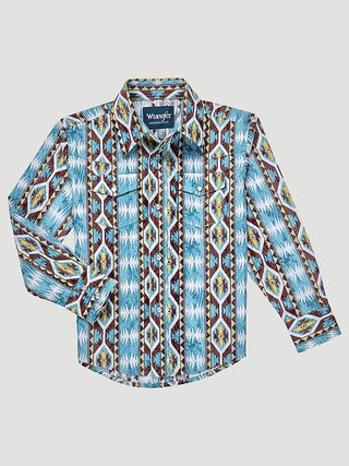 Wrangler Boy’s Checotah Snap Long Sleeve Western Snap Dusty Blue Diamond Shirt - Cowboy SwaggerWrangler Boy’s Checotah Snap Long Sleeve Western Snap Dusty Blue Diamond Shirt