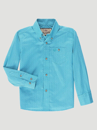 Wrangler Boy’s Classic Button - Down Print Shirt in Teal Discs - Cowboy SwaggerWrangler Boy’s Classic Button - Down Print Shirt in Teal DiscsBoys