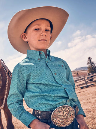 Wrangler Boy’s Classic Button - Down Print Shirt in Teal Discs - Cowboy SwaggerWrangler Boy’s Classic Button - Down Print Shirt in Teal DiscsBoys