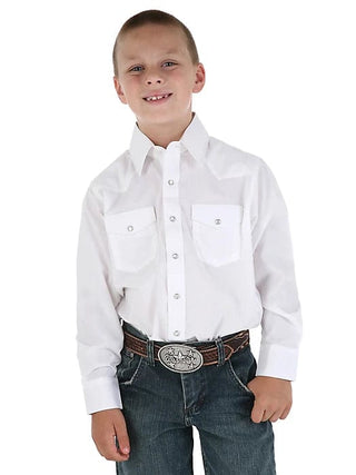 Wrangler Boy’s Long Sleeve White Pearl Snap Shirt - Cowboy SwaggerWrangler Boy’s Long Sleeve White Pearl Snap ShirtBoys