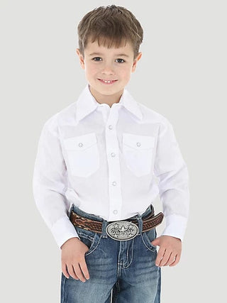 Wrangler Boy’s Long Sleeve White Pearl Snap Shirt - Cowboy SwaggerWrangler Boy’s Long Sleeve White Pearl Snap ShirtBoys