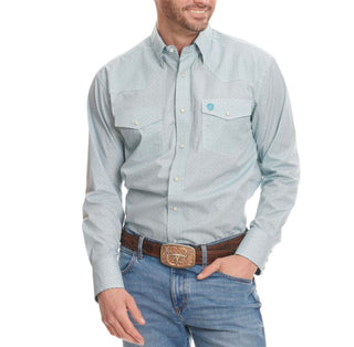Wrangler George Strait Collection Turquoise & White Geo Print Long Sleeve Western Shirt - Cowboy SwaggerWrangler George Strait Collection Turquoise & White Geo Print Long Sleeve Western Shirt