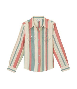 Wrangler Girls Coral Stripe LS Snap Shirt - Cowboy SwaggerWrangler Girls Coral Stripe LS Snap Shirt