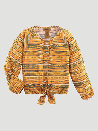 Wrangler Girl’s Long Sleeve Tie Front Snap Top in Yellow - Cowboy SwaggerWrangler Girl’s Long Sleeve Tie Front Snap Top in Yellow