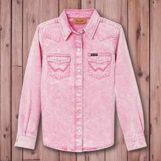 Wrangler Girls Pink Acid Washed Pearl Snap Shirt - Cowboy SwaggerWrangler Girls Pink Acid Washed Pearl Snap ShirtGirls