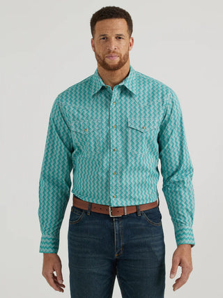 Wrangler Men's 20X Competition Advanced Comfort Green/White Weave Print Western Snap Shirt - Cowboy SwaggerWrangler Men's 20X Competition Advanced Comfort Green/White Weave Print Western Snap ShirtShirts & Tops