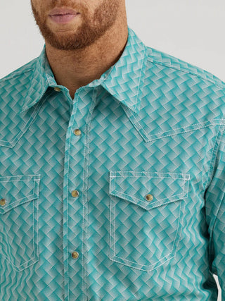 Wrangler Men's 20X Competition Advanced Comfort Green/White Weave Print Western Snap Shirt - Cowboy SwaggerWrangler Men's 20X Competition Advanced Comfort Green/White Weave Print Western Snap ShirtShirts & Tops