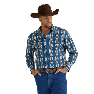 Wrangler Men’s Checotah Western Printed Blue Snap - Cowboy SwaggerWrangler Men’s Checotah Western Printed Blue SnapMen's Shirts