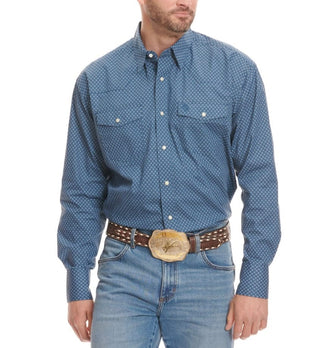 Wrangler Men’s George Strait Collection Blue & White Geo Print Long Sleeve Western Shirt - Cowboy SwaggerWrangler Men’s George Strait Collection Blue & White Geo Print Long Sleeve Western Shirt