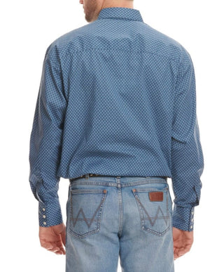 Wrangler Men’s George Strait Collection Blue & White Geo Print Long Sleeve Western Shirt - Cowboy SwaggerWrangler Men’s George Strait Collection Blue & White Geo Print Long Sleeve Western Shirt