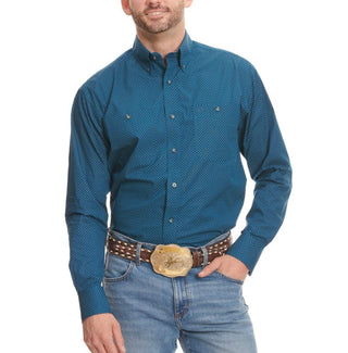 Wrangler Men’s George Strait Collection Deep Aegean Blue & Green Geo Print Long Sleeve Western Shirt - Cowboy SwaggerWrangler Men’s George Strait Collection Deep Aegean Blue & Green Geo Print Long Sleeve Western Shirt