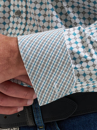 Wrangler Men’s George Strait Collection Long Sleeve Geo Print Western Shirt – White & Teal - Cowboy SwaggerWrangler Men’s George Strait Collection Long Sleeve Geo Print Western Shirt – White & TealMen's Shirts