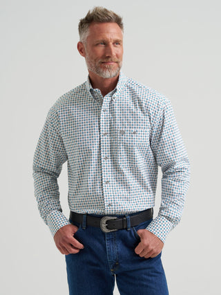 Wrangler Men’s George Strait Collection Long Sleeve Geo Print Western Shirt – White & Teal - Cowboy SwaggerWrangler Men’s George Strait Collection Long Sleeve Geo Print Western Shirt – White & TealMen's Shirts
