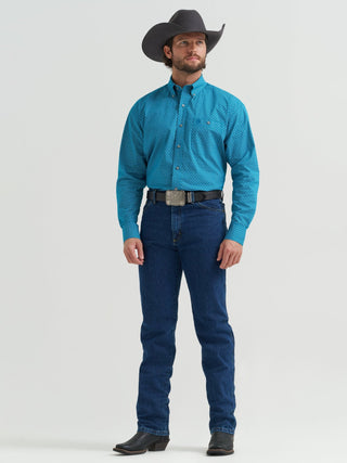 Wrangler Men’s George Strait Collection Long Sleeve Teal Pentagon Print Western Shirt - Cowboy SwaggerWrangler Men’s George Strait Collection Long Sleeve Teal Pentagon Print Western ShirtMen's Shirts