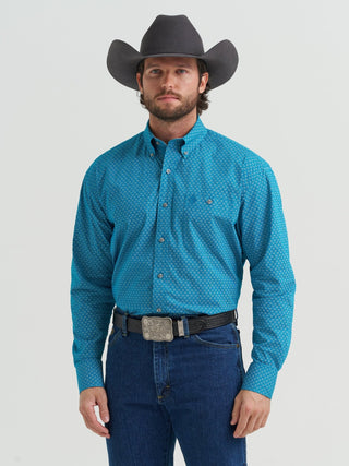 Wrangler Men’s George Strait Collection Long Sleeve Teal Pentagon Print Western Shirt - Cowboy SwaggerWrangler Men’s George Strait Collection Long Sleeve Teal Pentagon Print Western ShirtMen's Shirts