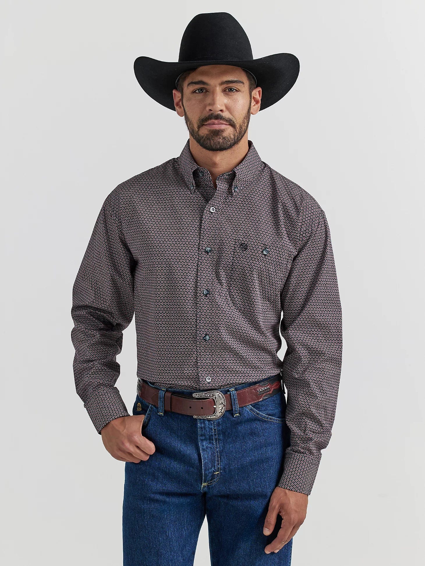 Wrangler Men's George Strait Deep Red Geo Print Long Sleeve Shirt 112338091 Wrangler Men's George Strait Deep Red Geo Print Long Sleeve Shirt 112338091