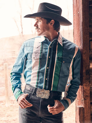Wrangler Men’s Long Sleeve BrushPopper Snap Shirt Blue Green Black - Cowboy SwaggerWrangler Men’s Long Sleeve BrushPopper Snap Shirt Blue Green BlackShirts & Tops