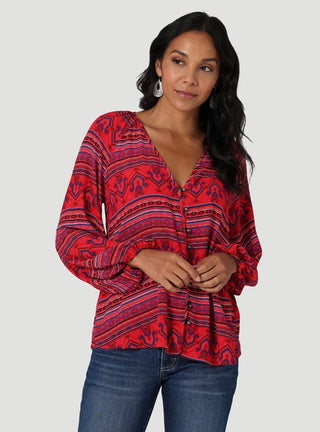 Wrangler Womens Button Front Peasant Blouse in Barbados Cherry - Cowboy SwaggerWrangler Womens Button Front Peasant Blouse in Barbados Cherry