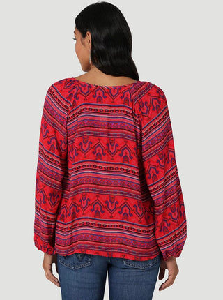 Wrangler Womens Button Front Peasant Blouse in Barbados Cherry - Cowboy SwaggerWrangler Womens Button Front Peasant Blouse in Barbados Cherry