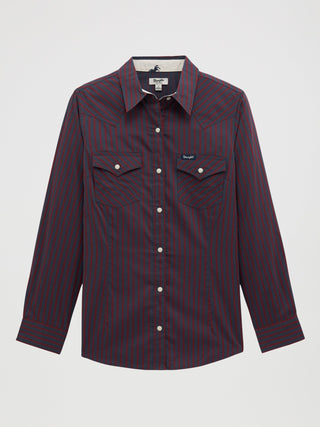 Wrangler Women’s Olivia Western Slim Snap Shirt - Burgundy Stripe - Cowboy SwaggerWrangler Women’s Olivia Western Slim Snap Shirt - Burgundy StripeShirts & Tops