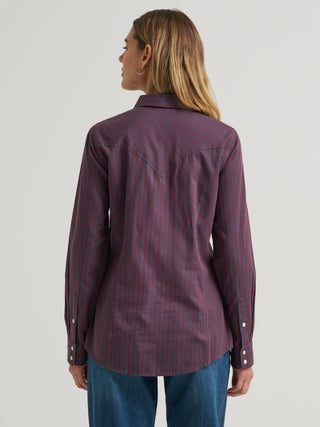 Wrangler Women’s Olivia Western Slim Snap Shirt - Burgundy Stripe - Cowboy SwaggerWrangler Women’s Olivia Western Slim Snap Shirt - Burgundy StripeShirts & Tops