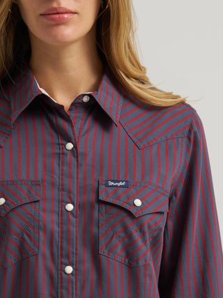 Wrangler Women’s Olivia Western Slim Snap Shirt - Burgundy Stripe - Cowboy SwaggerWrangler Women’s Olivia Western Slim Snap Shirt - Burgundy StripeShirts & Tops