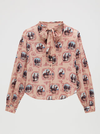 Wrangler Women’s Pink Cameo Tie Neck Western Blouse - Cowboy SwaggerWrangler Women’s Pink Cameo Tie Neck Western BlouseShirts & Tops