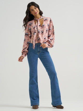Wrangler Women’s Pink Cameo Tie Neck Western Blouse - Cowboy SwaggerWrangler Women’s Pink Cameo Tie Neck Western BlouseShirts & Tops