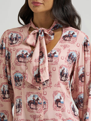 Wrangler Women’s Pink Cameo Tie Neck Western Blouse - Cowboy SwaggerWrangler Women’s Pink Cameo Tie Neck Western BlouseShirts & Tops