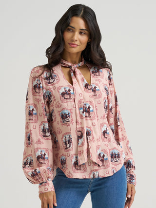 Wrangler Women’s Pink Cameo Tie Neck Western Blouse - Cowboy SwaggerWrangler Women’s Pink Cameo Tie Neck Western BlouseShirts & Tops