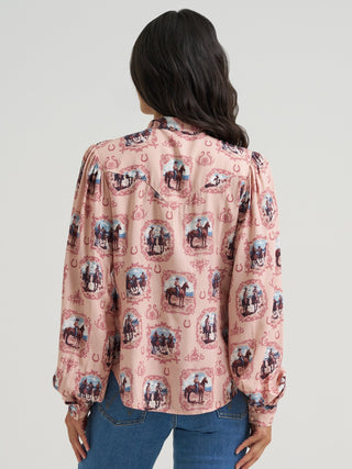 Wrangler Women’s Pink Cameo Tie Neck Western Blouse - Cowboy SwaggerWrangler Women’s Pink Cameo Tie Neck Western BlouseShirts & Tops