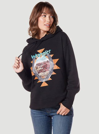 Wrangler Womens Retro Curved Hem Graphic Hoodie in Black Beauty - Cowboy SwaggerWrangler Womens Retro Curved Hem Graphic Hoodie in Black Beauty