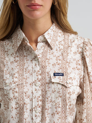 Wrangler Women’s Smocked Sleeve Western Snap Blouse - White Floral - Cowboy SwaggerWrangler Women’s Smocked Sleeve Western Snap Blouse - White FloralShirts & Tops