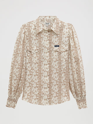 Wrangler Women’s Smocked Sleeve Western Snap Blouse - White Floral - Cowboy SwaggerWrangler Women’s Smocked Sleeve Western Snap Blouse - White FloralShirts & Tops