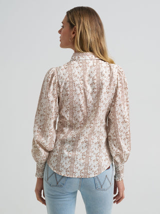 Wrangler Women’s Smocked Sleeve Western Snap Blouse - White Floral - Cowboy SwaggerWrangler Women’s Smocked Sleeve Western Snap Blouse - White FloralShirts & Tops